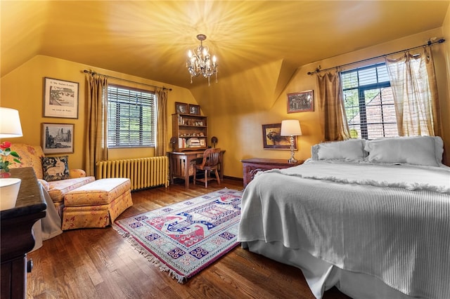 bedroom with hardwood / wood-style floors, an inviting chandelier, radiator heating unit, and lofted ceiling