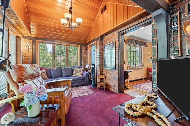 living area with visible vents, brick wall, a chandelier, vaulted ceiling, and wooden ceiling