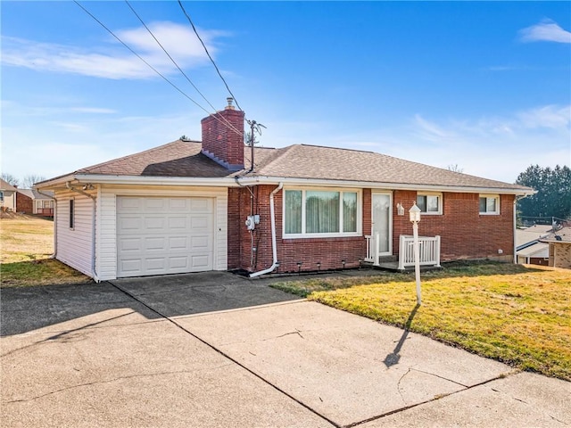 ranch-style house with an attached garage, a chimney, a front lawn, concrete driveway, and brick siding