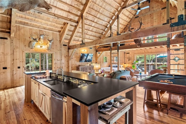 000 Wonder Ln, Punxsutawney Area School District, PA 15767 - kitchen with a wooden ceiling with exposed beams, dishwasher, dark countertops, wood walls, and light wood-style floors