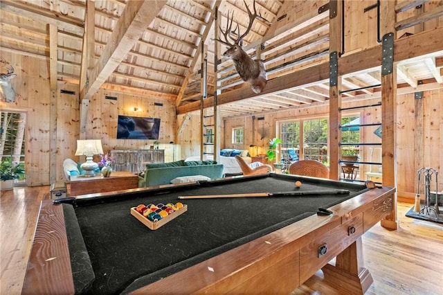 000 Wonder Ln, Punxsutawney Area School District, PA 15767 - game room with wood walls, hardwood / wood-style floors, pool table, a wood ceiling with exposed beams, and high vaulted ceiling