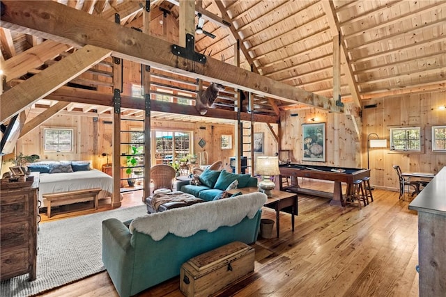 000 Wonder Ln, Punxsutawney Area School District, PA 15767 - living room with a wooden ceiling with exposed beams, hardwood / wood-style flooring, wood walls, high vaulted ceiling, and billiards