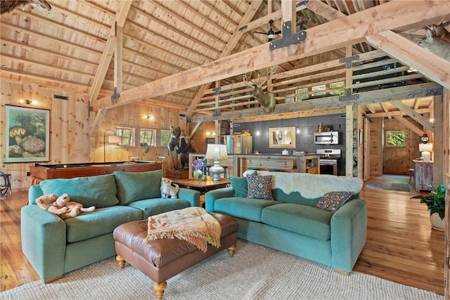 000 Wonder Ln, Punxsutawney Area School District, PA 15767 - living area featuring hardwood / wood-style flooring, wood walls, pool table, high vaulted ceiling, and a wood ceiling with exposed beams