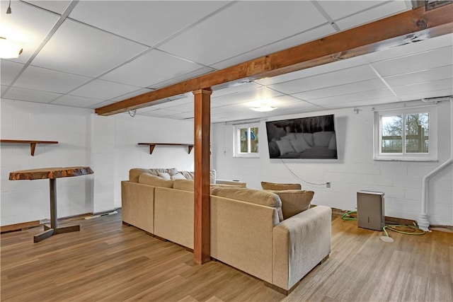 living room featuring plenty of natural light, concrete block wall, and wood finished floors