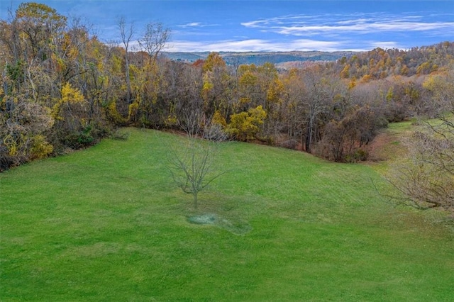 birds eye view of property featuring a wooded view