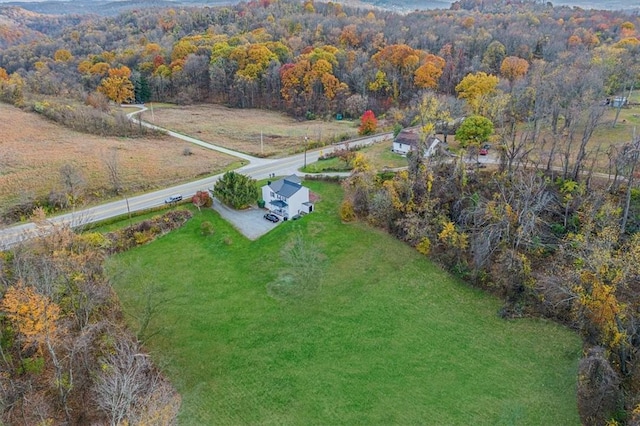 bird's eye view featuring a rural view and a forest view