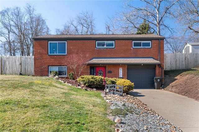 view of front of property with brick siding, an attached garage, concrete driveway, and fence