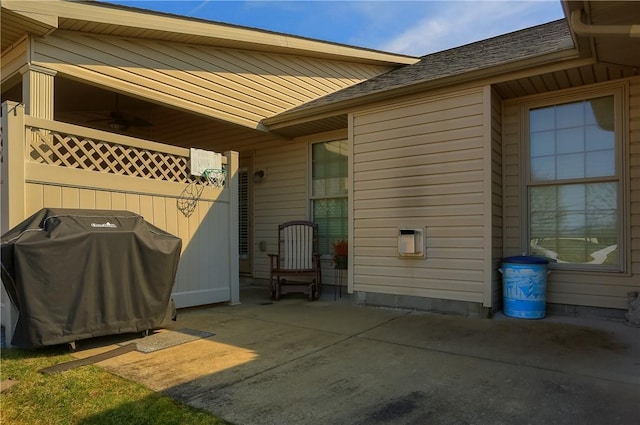 view of patio / terrace featuring ceiling fan and a grill