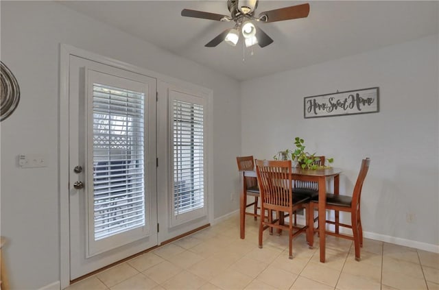 dining room with ceiling fan and baseboards