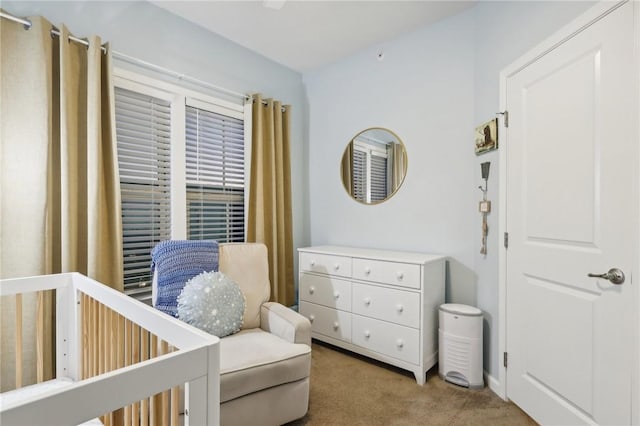 bedroom with a nursery area and carpet flooring