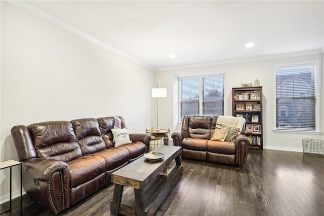 living area featuring dark wood finished floors, baseboards, and ornamental molding