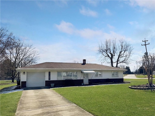 ranch-style home with a garage, driveway, brick siding, and a front lawn