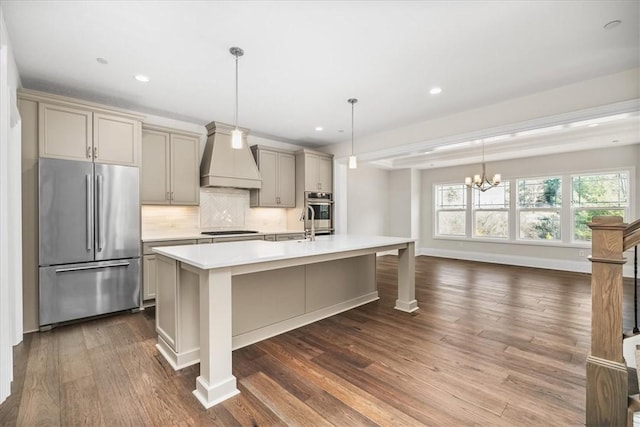 kitchen with gray cabinetry, premium range hood, light countertops, decorative backsplash, and appliances with stainless steel finishes