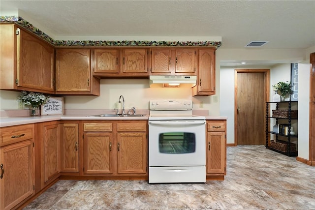 kitchen with light countertops, white electric range, under cabinet range hood, and a sink