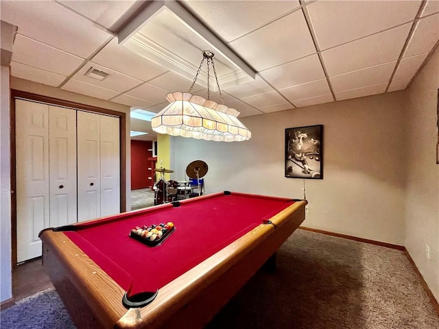 rec room featuring visible vents, a drop ceiling, carpet flooring, pool table, and baseboards