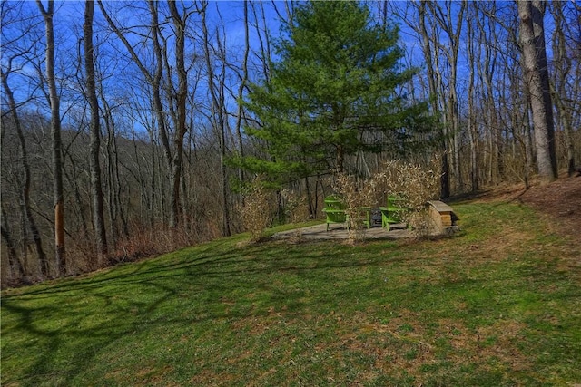 view of yard featuring a forest view