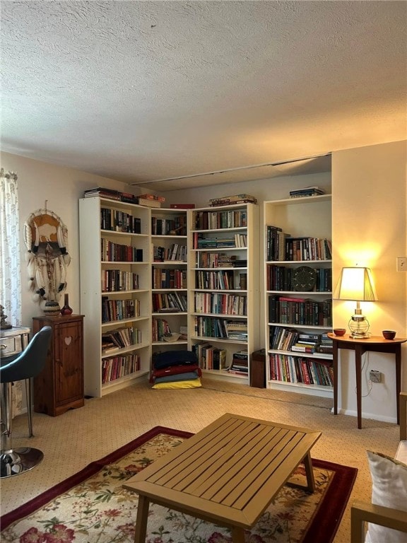 sitting room with carpet floors, a textured ceiling, and bookshelves