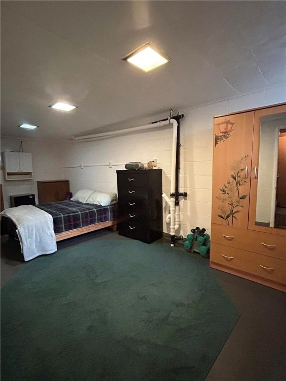 bedroom featuring dark colored carpet