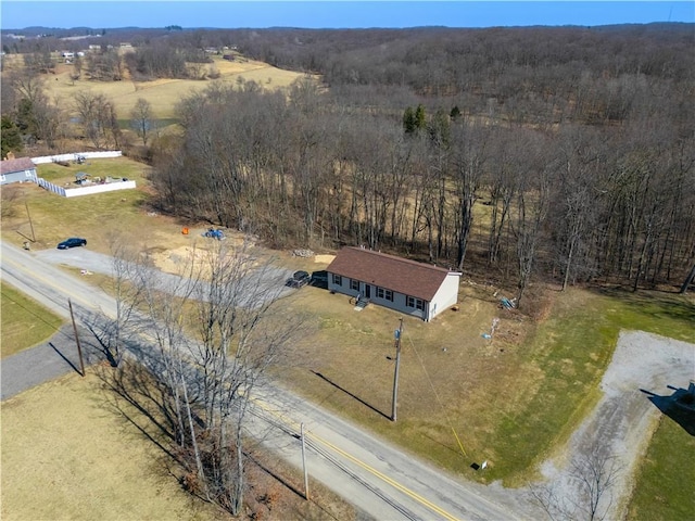 birds eye view of property featuring a rural view and a wooded view