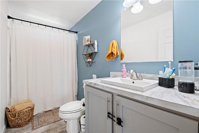 bathroom featuring vanity, curtained shower, toilet, and wood finished floors