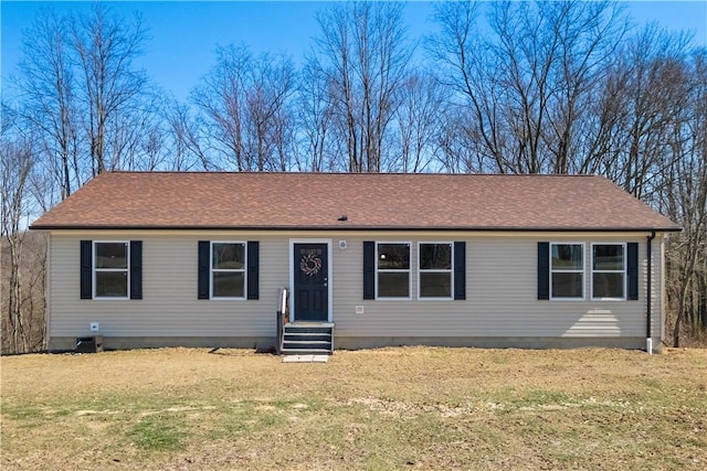 single story home with crawl space, entry steps, a front lawn, and roof with shingles