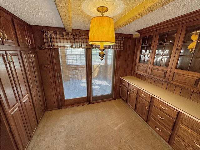 interior space with light colored carpet, a textured ceiling, and wood walls