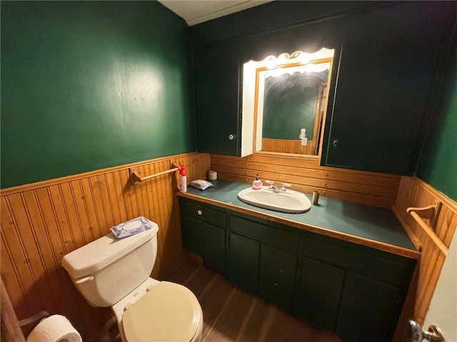 319 Cedar Ave, Sharon, PA 16146 - bathroom featuring vanity, toilet, wood walls, and wainscoting