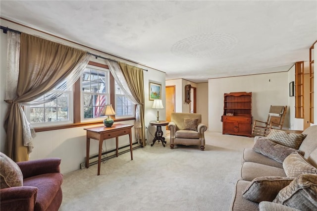 carpeted living room featuring a baseboard heating unit