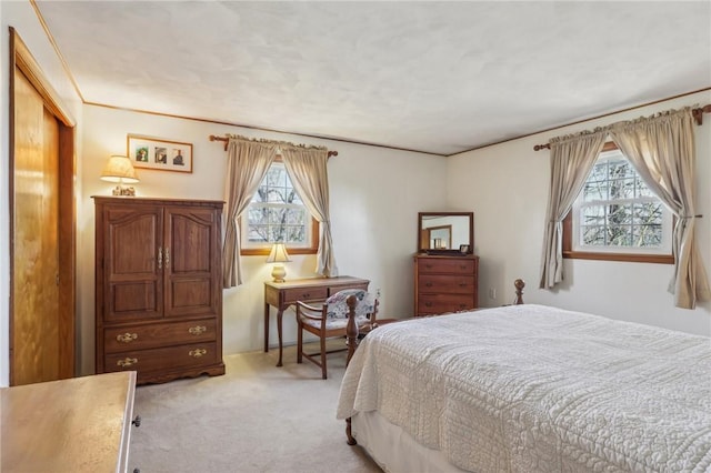 bedroom featuring light colored carpet