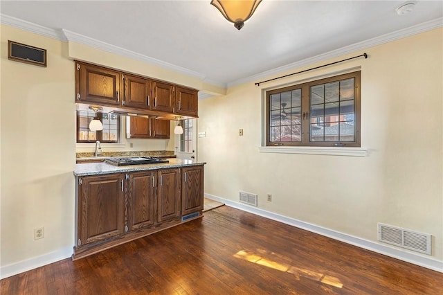 kitchen featuring visible vents, dark wood-style floors, and crown molding