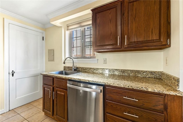 kitchen featuring dishwasher, ornamental molding, light tile patterned flooring, and a sink