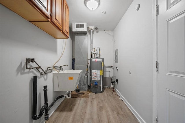 utility room with electric panel, visible vents, water heater, and a sink