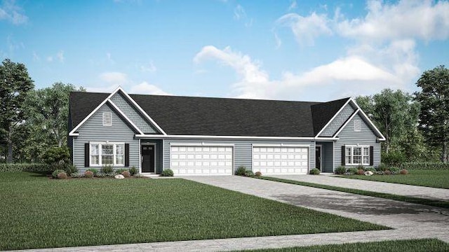 view of front facade featuring driveway, a front yard, and a garage