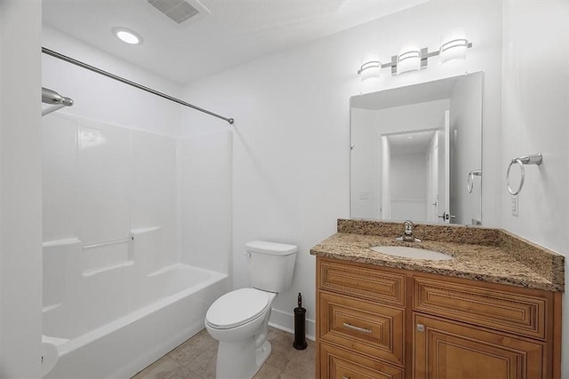 full bathroom with visible vents, toilet, tile patterned floors, vanity, and  shower combination