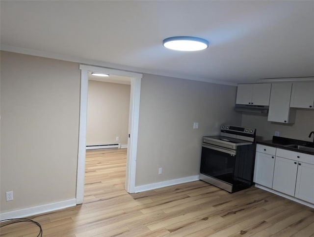 60 Broadhead Ave, Crafton, PA 15205 - kitchen featuring a baseboard radiator, a sink, stainless steel range with electric cooktop, under cabinet range hood, and light wood-type flooring