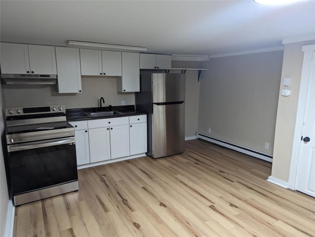 60 Broadhead Ave, Crafton, PA 15205 - kitchen with a sink, under cabinet range hood, stainless steel appliances, crown molding, and baseboard heating