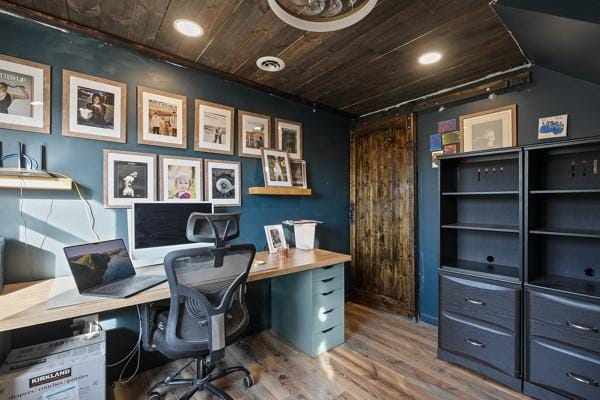 office featuring wooden ceiling, recessed lighting, and wood finished floors