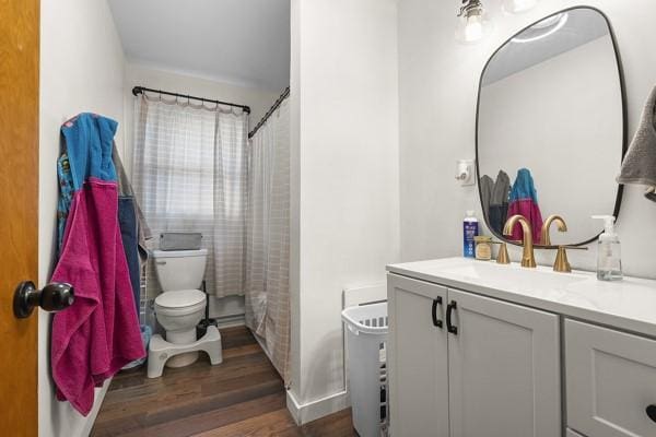 bathroom featuring toilet, wood finished floors, and vanity