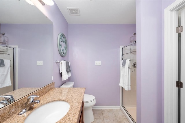 bathroom featuring tile patterned flooring, toilet, visible vents, and a stall shower