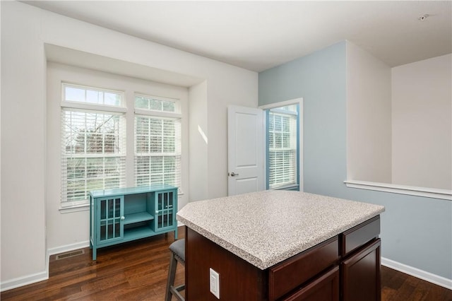 kitchen with plenty of natural light, light countertops, and dark wood-type flooring