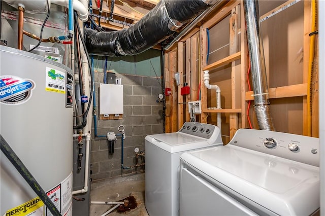 laundry room with washing machine and dryer, gas water heater, and laundry area