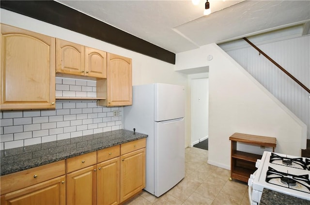 kitchen featuring light brown cabinets, open shelves, white appliances, light tile patterned flooring, and decorative backsplash