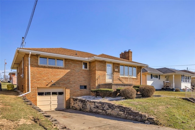 ranch-style home featuring driveway, a chimney, a front lawn, a garage, and brick siding