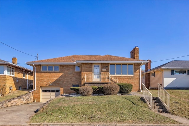 view of front facade with a garage, driveway, brick siding, and a chimney