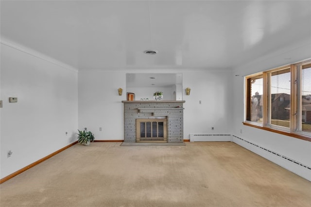 unfurnished living room featuring baseboard heating, carpet flooring, baseboards, and visible vents