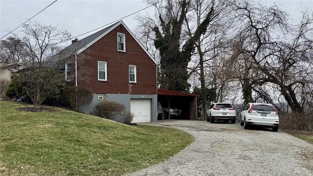 view of side of property with brick siding, a lawn, driveway, and an attached garage