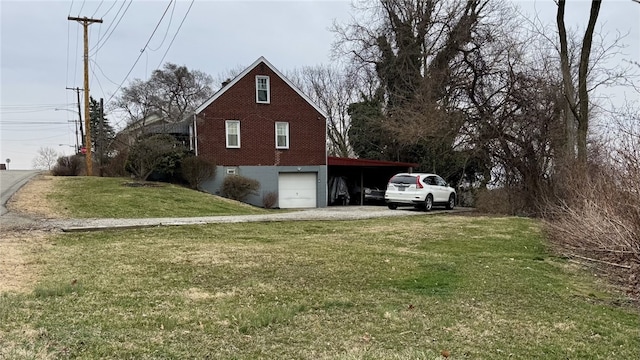 view of property exterior featuring brick siding, driveway, an attached garage, and a yard