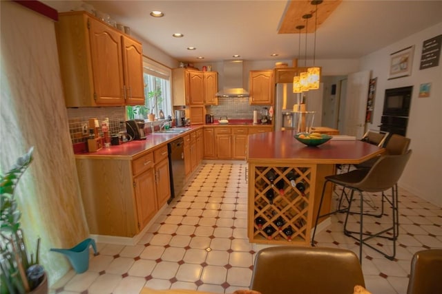 kitchen with a sink, black appliances, a kitchen breakfast bar, wall chimney exhaust hood, and tasteful backsplash