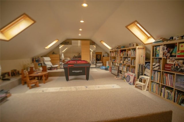 playroom featuring recessed lighting, vaulted ceiling with skylight, and carpet floors