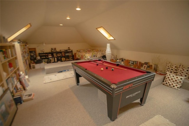 game room featuring recessed lighting, carpet floors, pool table, and vaulted ceiling